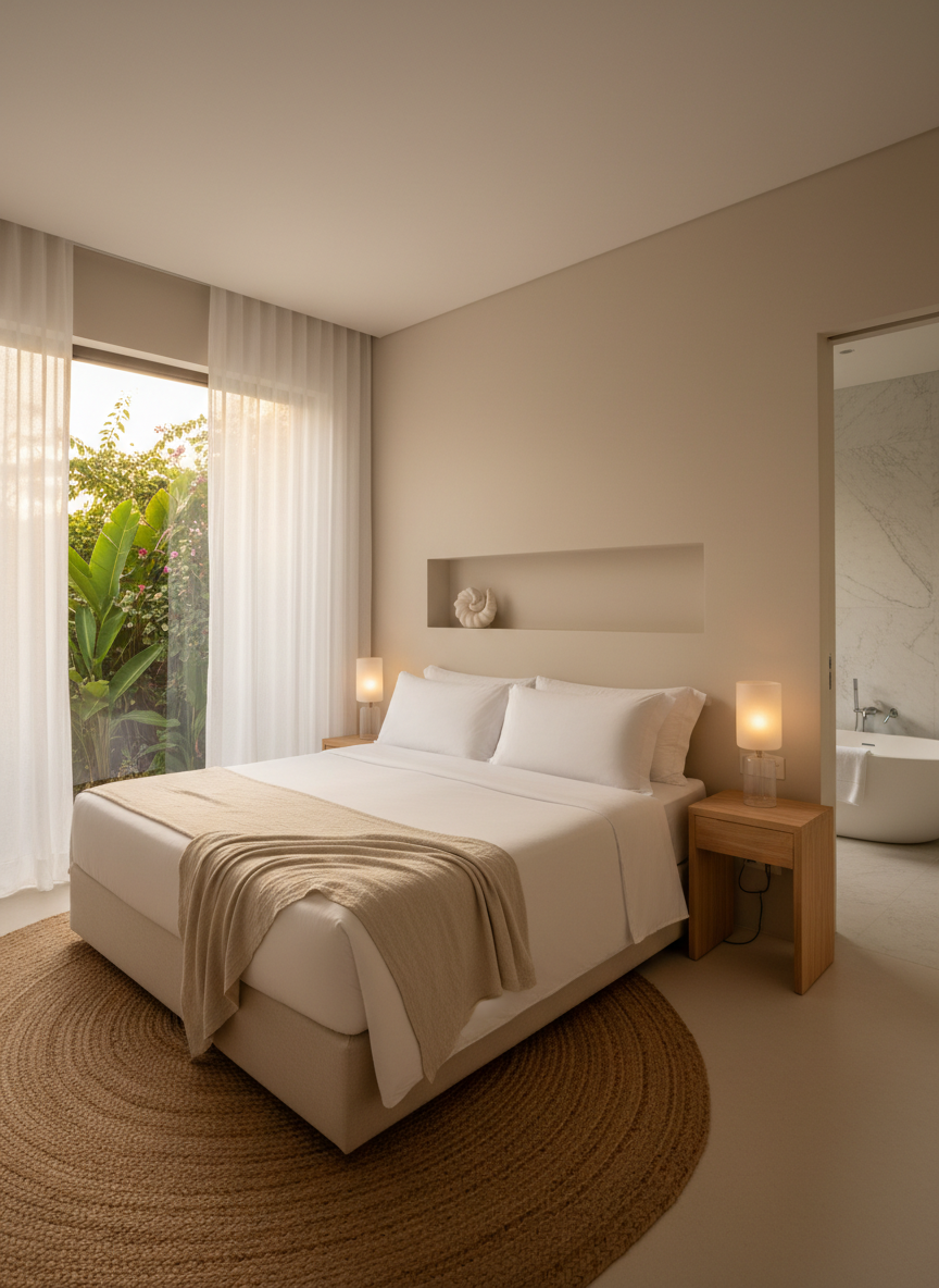 An elegantly designed bedroom suite of a boutique beach hotel, emphasizing comfort and silence, rendered in high-end photographic style. A king-size bed with crisp white cotton bedding and a light linen throw sits against a smooth, pale-beige wall with a built-in niche shelf holding a single sculptural object. On one side, a large window frames dense Bahian greenery, with sheer curtains diffusing soft afternoon light that washes the room in a gentle glow. Natural wood bedside tables and a woven fiber rug add warmth and texture. The mood is hushed and tranquil, suggesting deep rest. Shot from a corner at a slightly wide angle, the composition shows both the bed and a glimpse of an ensuite doorway, highlighting spaciousness and minimalist, sophisticated hospitality.