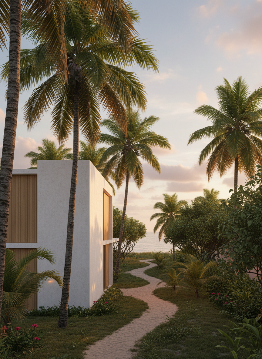 A serene exterior view of a minimalist beach house in southern Bahia, captured in photographic realism. The architecture is clean and geometric, with white stucco walls, natural wood accents, and a flat roof line partially shaded by tall coconut palms. A narrow sandy path bordered by native greenery leads toward the unseen shoreline 150m away, hinting at proximity to the sea. Warm golden-hour sunlight grazes the façade, creating long, soft shadows and emphasizing texture. The atmosphere feels quiet and exclusive, with no other buildings in sight. Shot from a slightly elevated angle using the rule of thirds, the house occupies one side of the frame while the lush tropical landscape and pastel sky balance the composition, communicating elegance, privacy, and connection with nature.