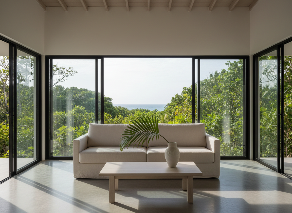 A minimalist, elegantly furnished beach house living area in southern Bahia, photographed in pristine, realistic detail. A low-profile linen sofa in soft sand tones faces a simple light-wood coffee table holding a single ceramic vase with a tropical leaf. Large sliding glass doors open to a glimpse of lush green vegetation and a faint line of ocean horizon in the distance, suggesting the sea 150m away. Soft late-morning natural light floods the room, creating gentle shadows on the smooth concrete floor. The composition is clean and uncluttered, shot at eye level with sharp focus throughout, evoking calm, sophistication, and professional hospitality. The overall aesthetic is modern, airy, and optimized for a high-conversion hotel website hero image.
