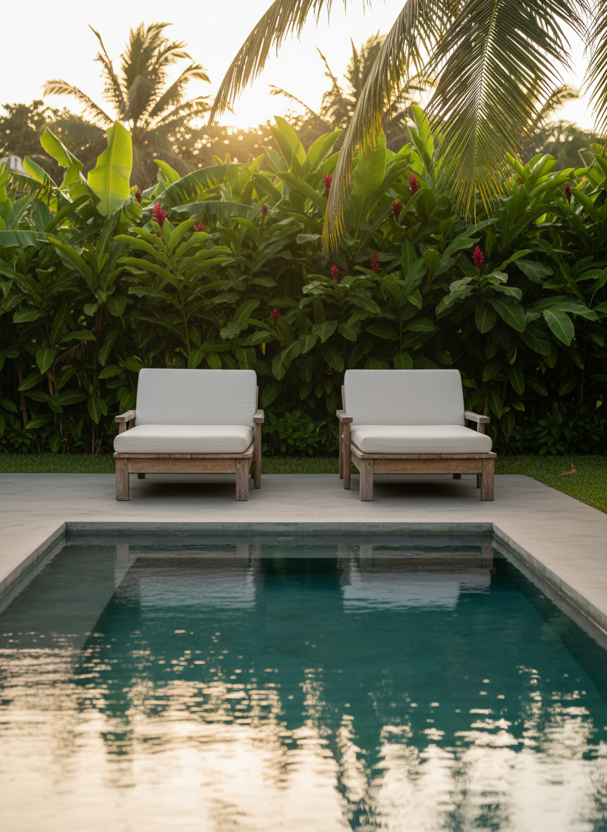 A refined detail shot of a private outdoor patio at a minimalist beach accommodation in southern Bahia, captured with photographic realism. Two low wooden lounge chairs with off-white cushions rest on a smooth concrete terrace, oriented toward a dense wall of tropical plants that hint at the nearby ocean breeze. A simple, rectangular plunge pool with crystal-clear water occupies the foreground, its surface reflecting dappled sunlight filtered through palm fronds above. The lighting is soft and warm, just before sunset, creating delicate reflections on the water and subtle highlights on the natural wood. Shot from a slightly elevated perspective with shallow depth of field, the focus rests on the chairs and pool edge, while the lush greenery melts into a tasteful bokeh, conveying intimacy, sophistication, and connection to nature.