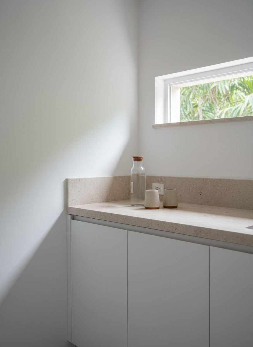 A clean, modern kitchenette corner inside a minimalist beach house in Bahia, designed for a boutique lodging website, shown in realistic photographic detail. Matte white cabinetry with handle-less fronts pairs with a light-beige stone countertop, where a single glass carafe of filtered water and two simple ceramic tumblers sit neatly arranged. A small window above the counter reveals blurred green foliage outside, suggesting the tropical environment. Soft midday natural light enters, creating gentle gradients on the walls and subtle reflections on the polished stone. The mood is orderly and calm, emphasizing functionality without clutter. Framed in an asymmetrical composition from an eye-level angle, the image focuses tightly on the counter and upper cabinets, highlighting refined finishes and the professional, sophisticated character of the hotel.